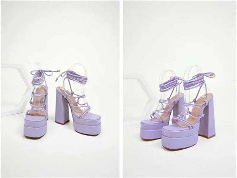 FF2025 New Fashion Solid Colored Cross-tied Heels Supper High Platform Dressing Sandals Peep-toe Square Heel Summer Footwear Pi-Mart