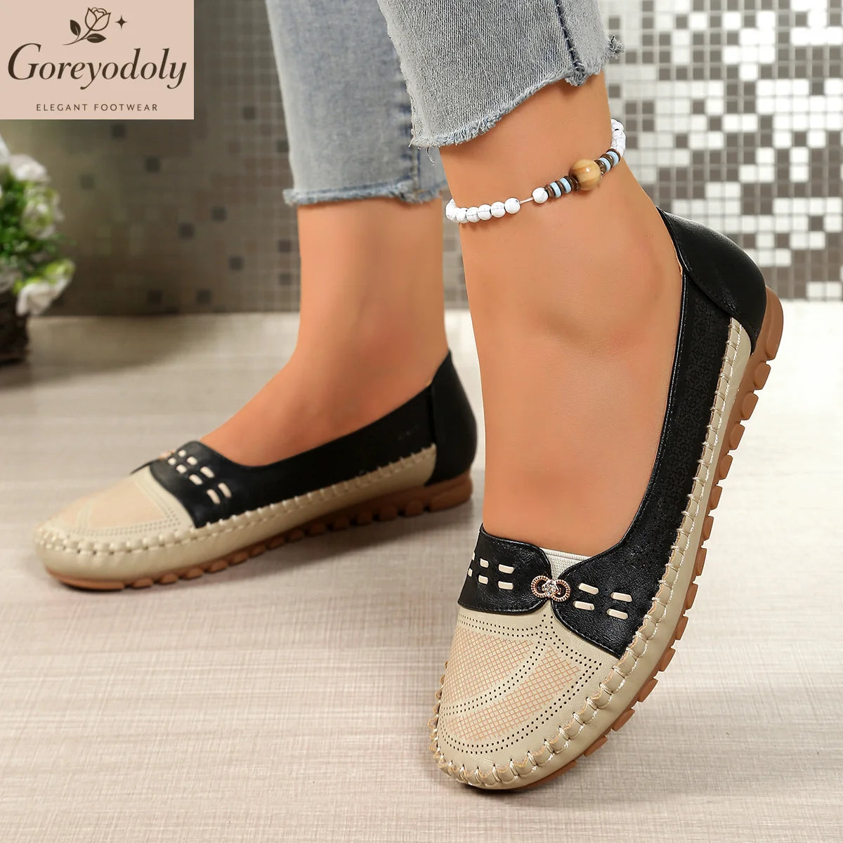 goreyodoly Women Slip On Loafers Wide Fit Comfortable Flats Lightweight Breathable Colorblock Shoes Chain Detail Durable Rubber Pi-Mart