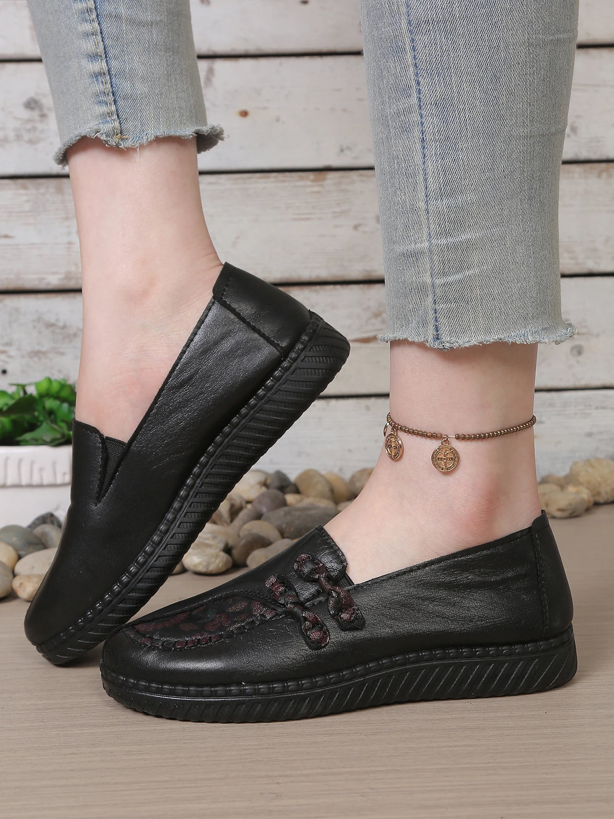 Women's Leather Flat Shoes, Spring and Autumn Women's Loafers, Single Classic Mom Shoes, Anti-Slip Comfortable and Free Shipping Pi-Mart