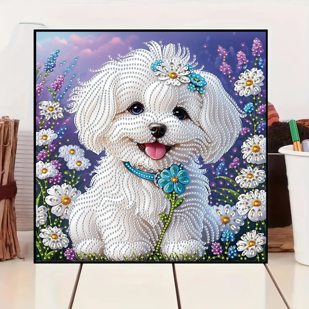 A set of "White Puppy Wearing Flowers" 5D Diamond Painting Kit, DIY handmade craft, partially adorned with irregular diamonds Pi-Mart