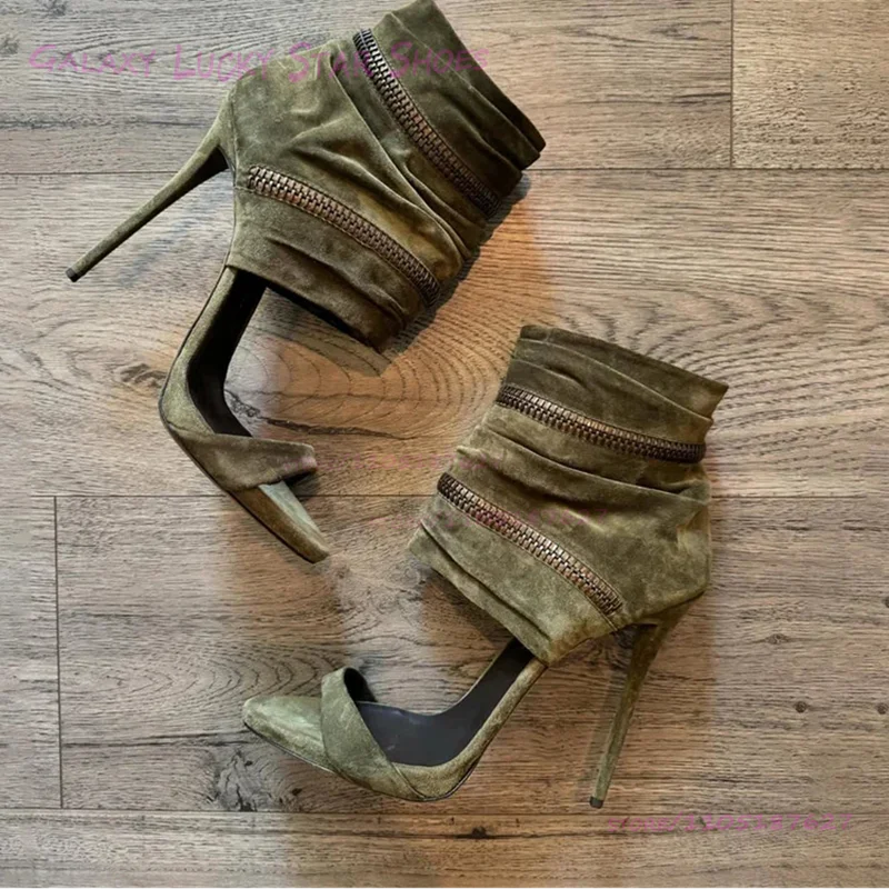Dark Emerald Green Suede Ankle Wrap Sandals Women Open Stiletto Heel Round Toe Hot Chick Heels Metal Zip Cool Street Style Shoes LadyShow.Store