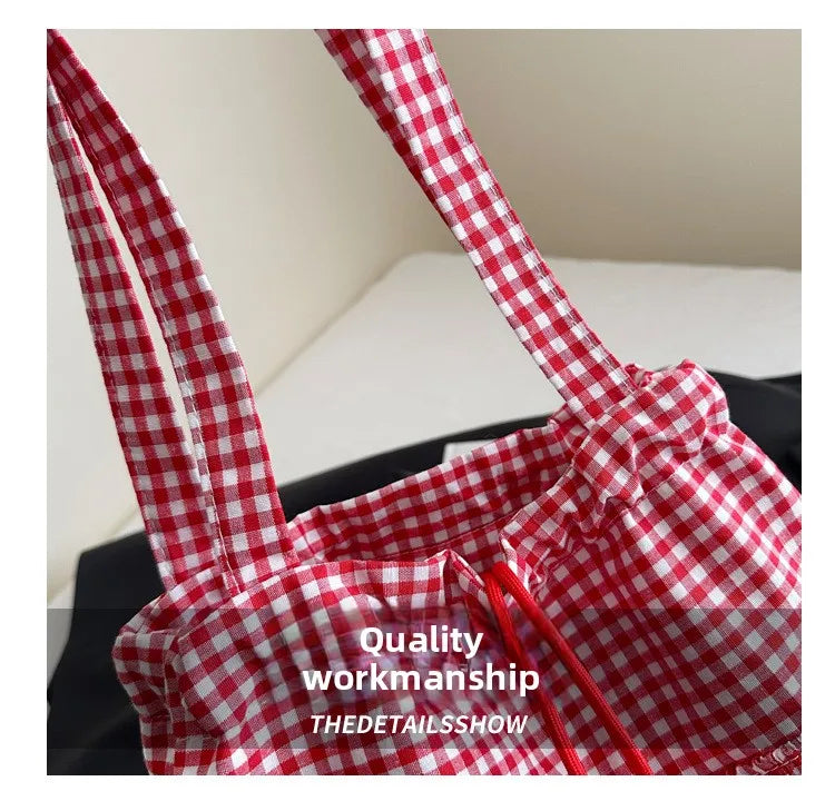 Large Capaci Cute Plaid Cotton Tote Bag  Lace Trim Women's Summer 2025 Simple Lady Handbag Soft Shoulder Bags Bolsa Feminina Pi-Mart