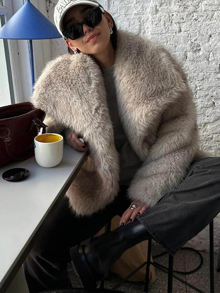 HH Women Fashion Cropped Faux Fur Jacket Coat Long Sleeve Front Snap-button Female Outerwear Chic Lapel Collar Thick Coat LadyShow.Store