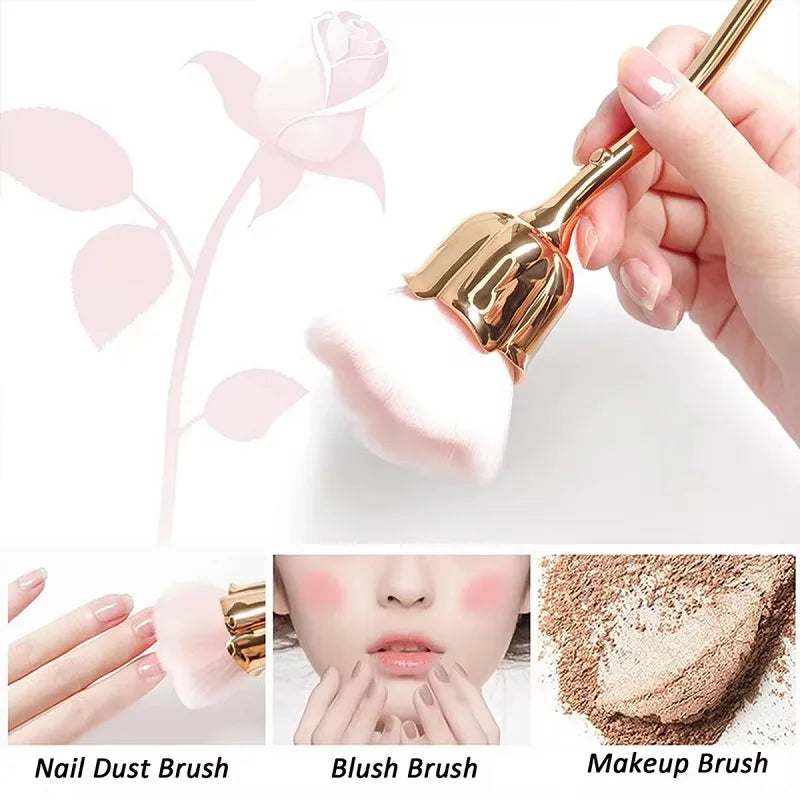 Flower Nail Brush for Manicure Gold Rose Shape Nail Art Brushes Round Small UV Gel Polish Powder Cleaning Tools Nail Accesories Tri Light Beauty