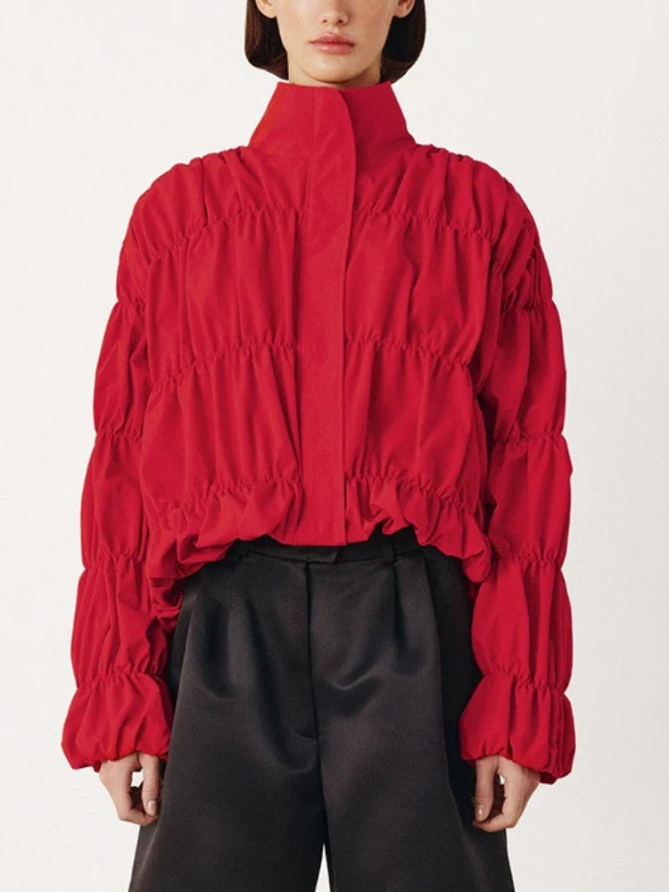Tossy Solid Commuting Pleated Jackets For Women Long Sleeves Stand Collar Loose Streetwear Cropped 2025 Coat Female Jacket Coat LadyShow.Store