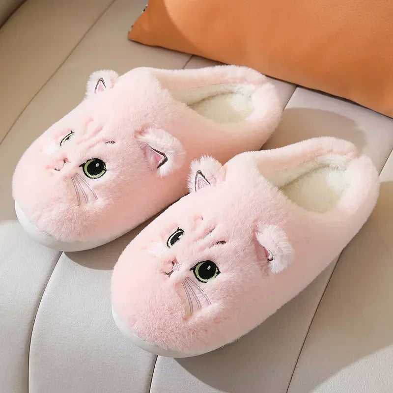 Cute Cat Slippers Fluffy Furry Women Home Platform Slippers Men Winter Plush Slides Indoor Fuzzy Slippers Lovely Cotton Shoes LadyShow.Store