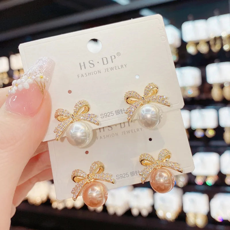 Sparkling Rhinestone Bow Pearl Stud Earrings Light Luxury Fashion Jewelry Women Gifts Wedding Birthday Pi-Mart