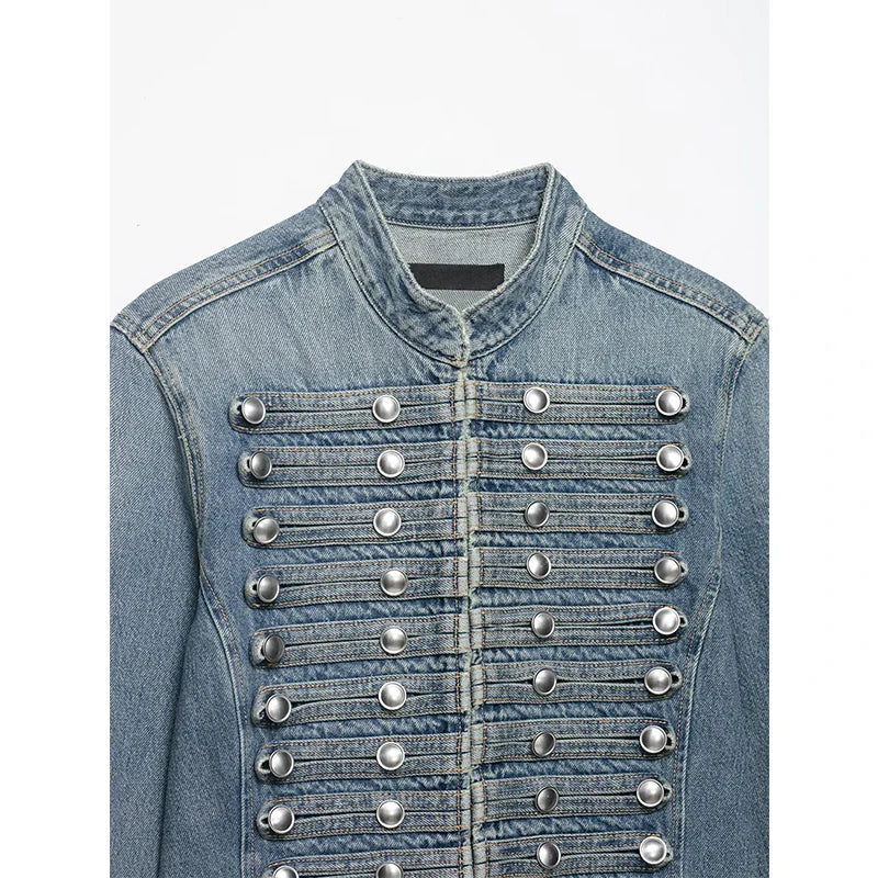 YENKYE Women's Cropped Denim Jacket Front Button Frayed Hem Stand Collar Streetwear Coat LadyShow.Store