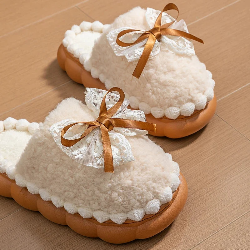 Winter Warm Fur Slippers For Women Thick-Soled Household Slippers Cute Bow Non Slip Soft Home Shoes Indoor Plush Women's Slipper LadyShow.Store