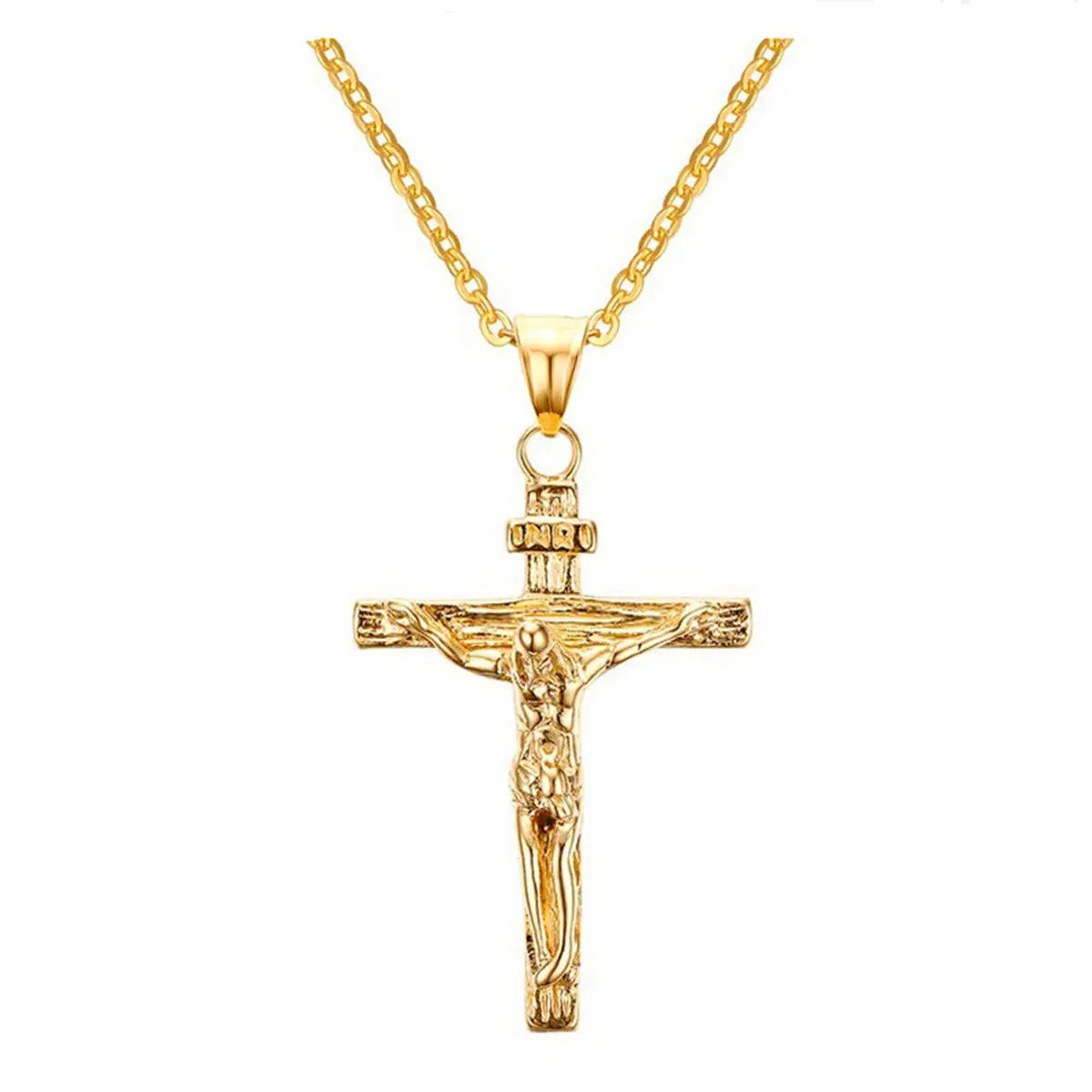 Fashion Crucifix Jesus Christ Men Jewelry Gold Brown Silver Color Metal Cross Pendant With Neck Chain Necklaces For Women Pi-Mart