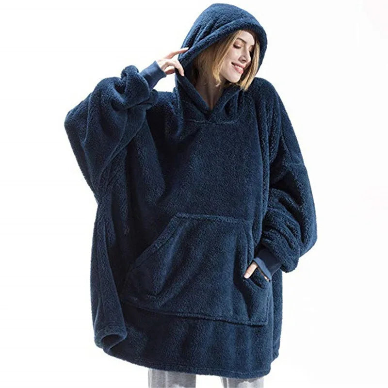 Winter Warm Unisex Double-faced Fleece Hooded Sweatshirts Casual Loose Long Thicken Pocket Pullover Batwing-sleeved Home Clothes LadyShow.Store
