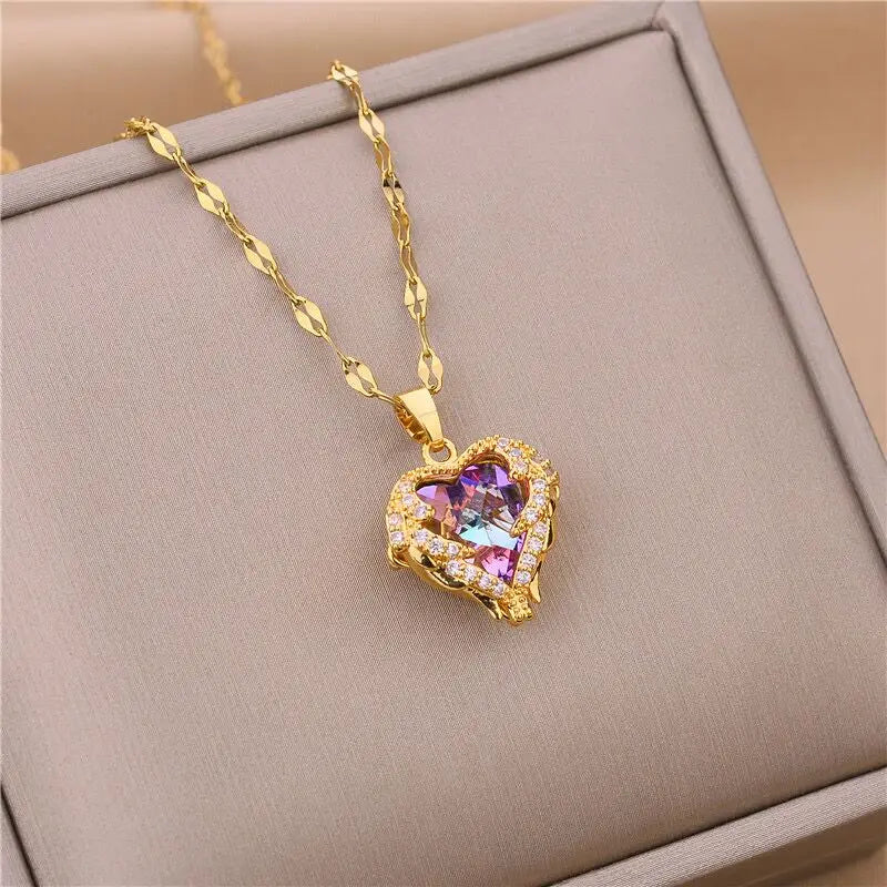 Top Luxury Colorful Crystal Ocean Heart Pendant Necklace For Women Trendy 316L Stainless Steel Jewelry Female Wedding Neck Chain Pi-Mart
