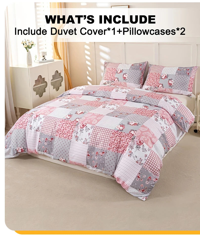 3pcs Splicing floral Pattern Duvet Cover Set, Soft Skin-Friendly Bedding Set Includes 1 Duvet Cover And 2 Pillowcases Pi-Mart
