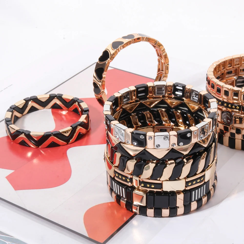 2026 New Black Gold Color Beaded Bangle for Women and Men Handmade Elastic hand Wrist Bracelets Pi-Mart