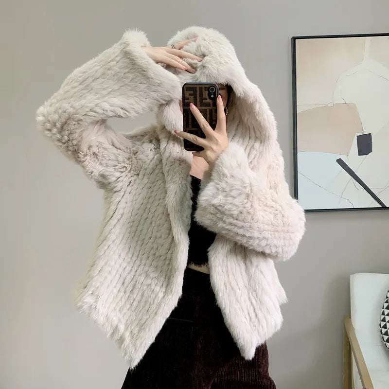 Real Rabbit Fur Hooded Coat Long Sleeve Women Casual Loose Knitted Genuine Fur Jacket With Hood Female Natural Fur Outwear LadyShow.Store