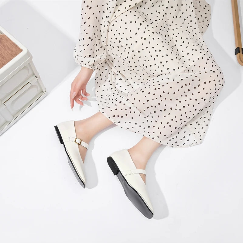 AIYUQI Mary Jane Shoes Female Genuine Leather 2026 New Snap Ballet Shoes Women Square Toe Flat Cowhide Ladies Shoes Pi-Mart