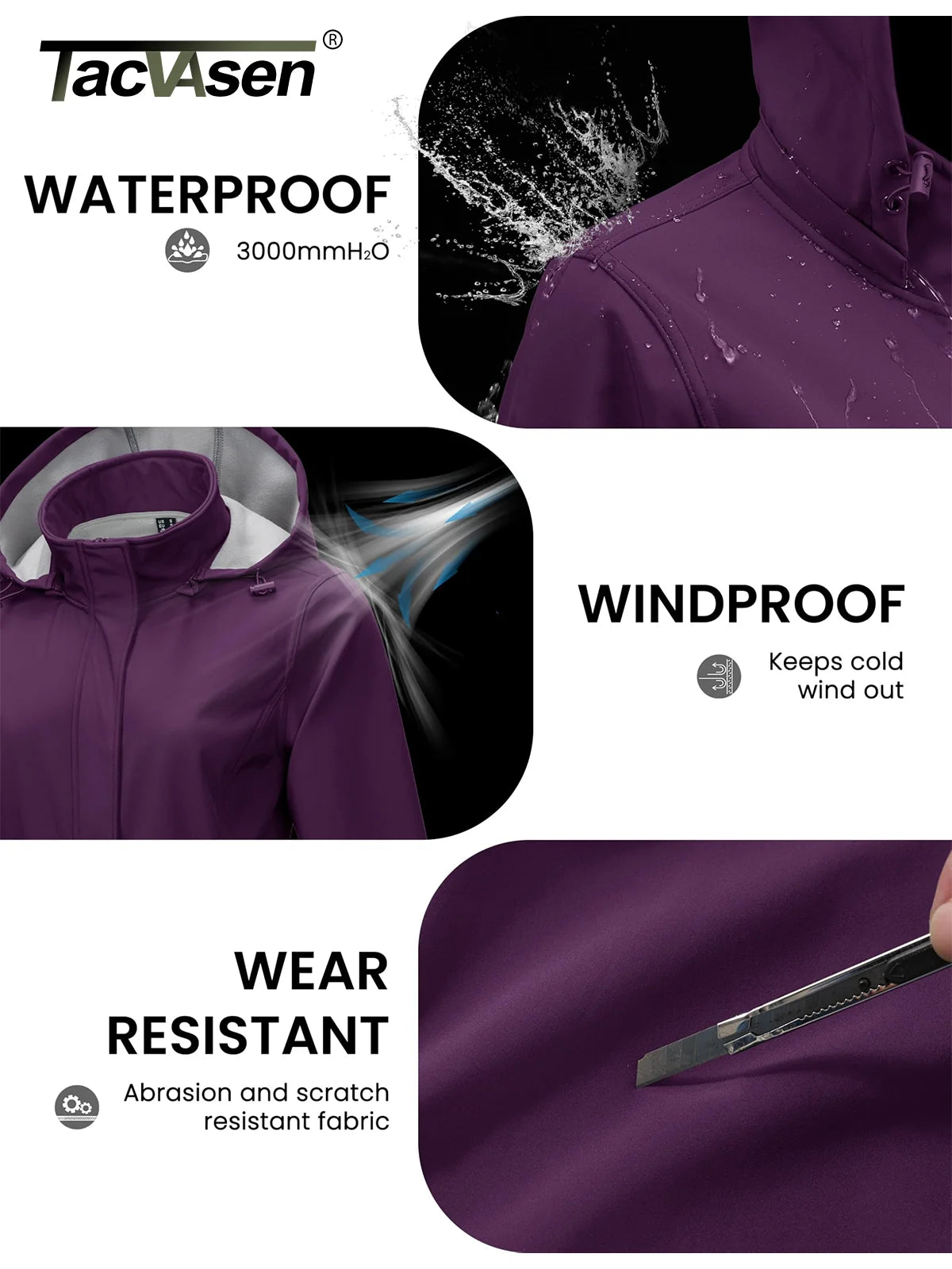 TACVASEN Women's Long Hooded Jacket Fleece Lined Softshell Jacket Waterproof Windproof Hiking Jacket Rain Coat Windbreaker Parka Pi-Mart