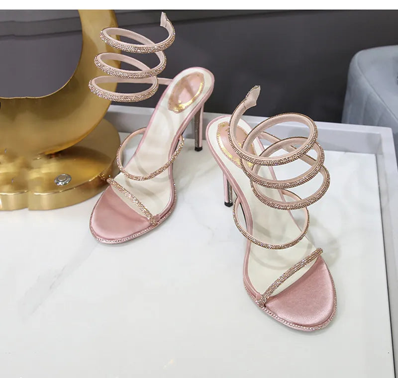 Fashion Summer Snake Twine Around Crystal Women Sandals Luxury Rhinestones Thin High heels Gladiator Sandals  Party Prom Shoes Pi-Mart