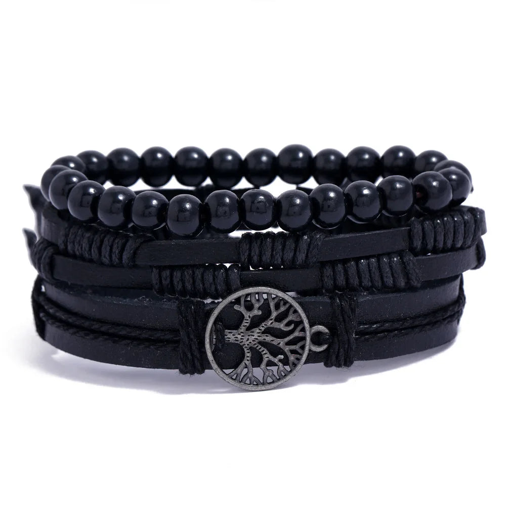 4Pcs/ Set Braided Wrap Leather Bracelets for Men Vintage Life Tree Rudder Charm Wood Beads Ethnic Tribal Wristband Rope Bracelet Pi-Mart