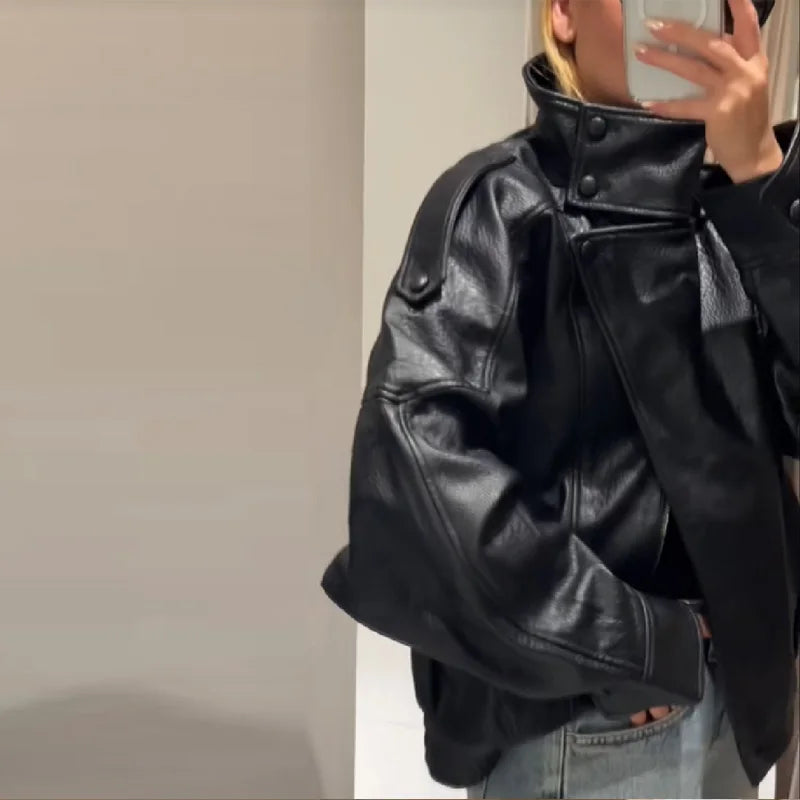 Stylish Pu Leather Jacket Stand-collar Loose Long Sleeved Coat Cool Casual Chic Versatile Outerwear New Autumn Women Streetwear LadyShow.Store