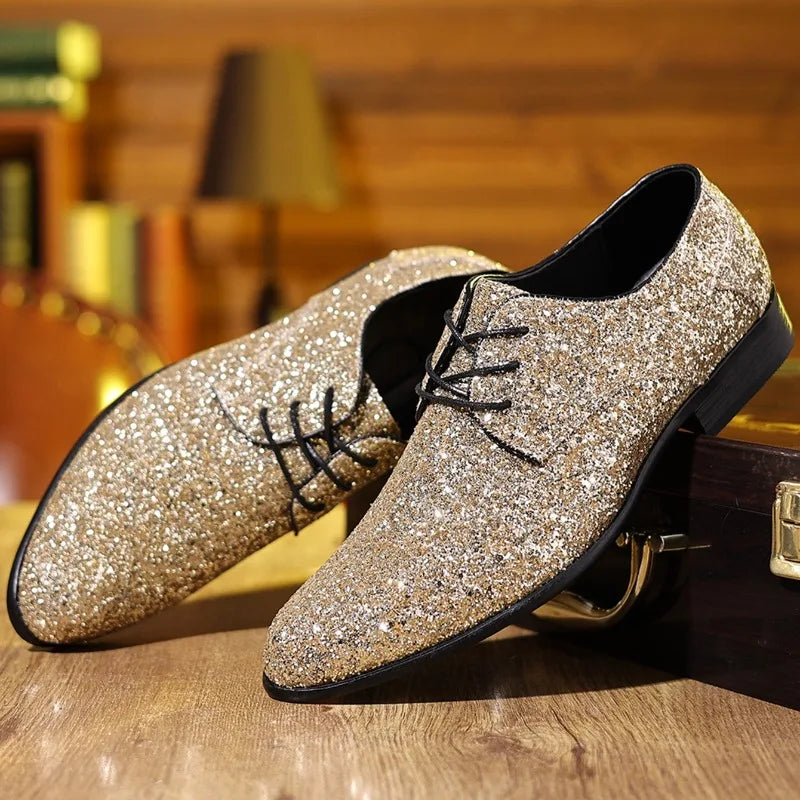 Luxury Men Dress Shoes Gold Silver Sequin Wedding Shoes High Quality Lace-Up  Oxford Shoes Fashion Designer Men Flats Large Size Pi-Mart