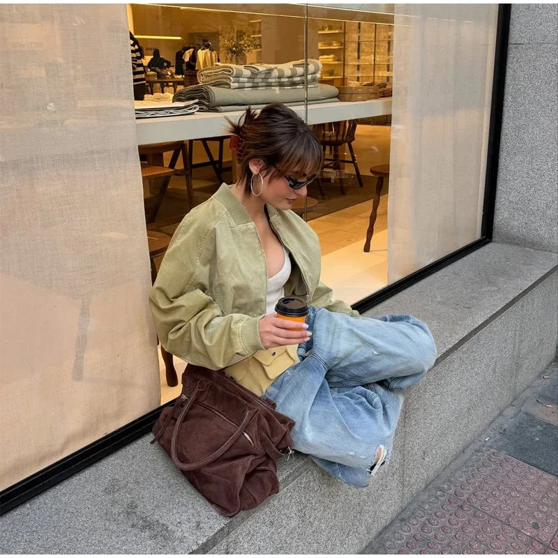 Fashion Short Bomber Jacket Women Casual Long Sleeve Round Neck  Zipper Loose Cropped 2026 Jackets Lady Spring Street Outerwear LadyShow.Store