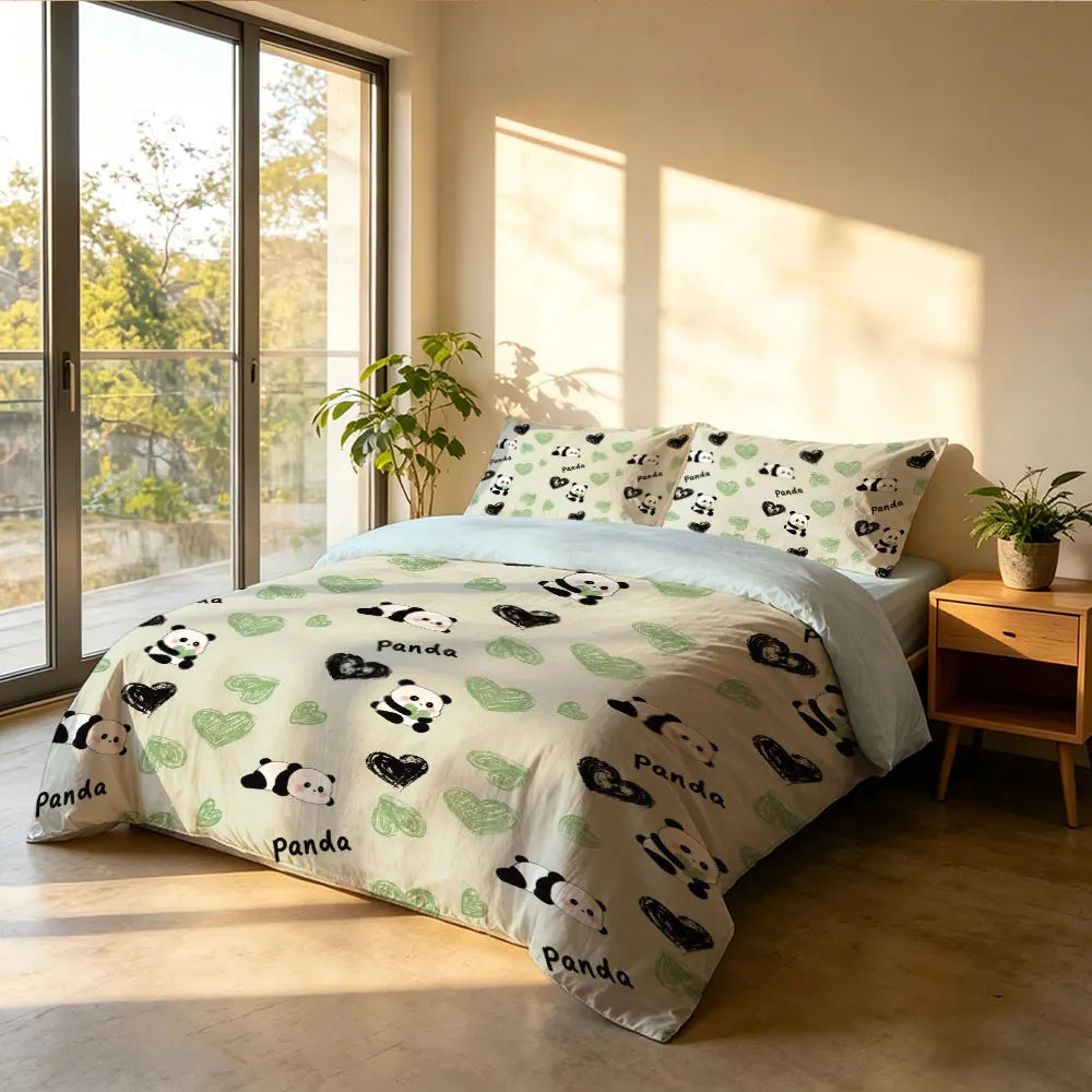 3pcs Cartoon Panda Print Coreless Duvet Cover Cool Summer Lightweight Bedding Set Multi Size Bedroom Bedding Decoration Pi-Mart