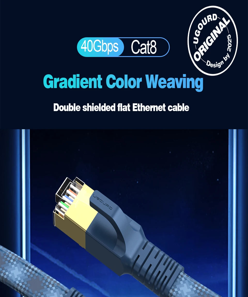 CAT 8 Flat Network Internet Cable 40Gbps 2000MHz Round RJ45 Nylon Braided LAN Cable Patch Cord for Modem Router PC PS4/5/6 Xbox Pi-Mart