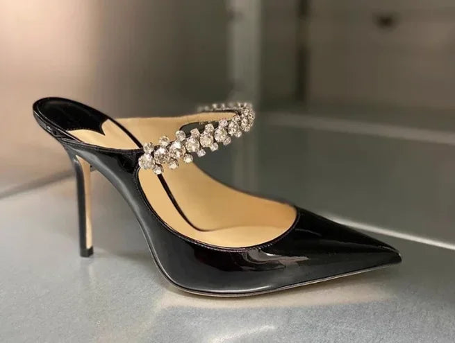 New Fashionable Thin Heel Pointed Water Diamond Mesh Hollow Sandals with Design Sense Half Dragged Muller Shoes ForOuterwear Pi-Mart