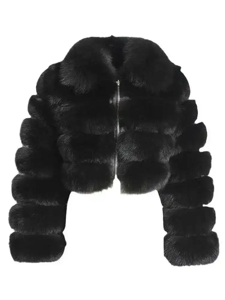 DEAT Fashion Women's Faux Fur Coat Lapel Zipper Long Sleeves Loose Thick Imitation  Fur Short Jacket Winter New 7AB6103 Pi-Mart