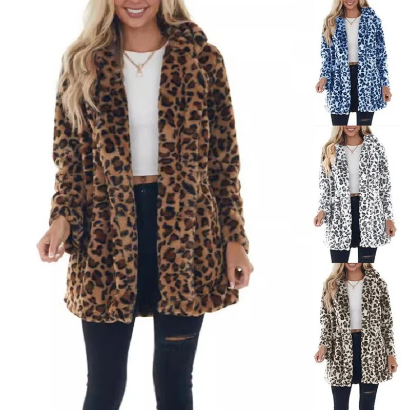 Women Winter Warm Faux Fur Coat Fashion Casual Turn-down Collar Leopard Jackets Ladies Streetwear Long Sleeve Pockets Overcoats LadyShow.Store