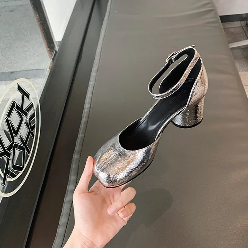 Modern Heels Pumps Women Round High Heel Leather Square Split Toe Pumps Shoes Spring Summer Sandals Mary Janes Shoes Heels Women LadyShow.Store