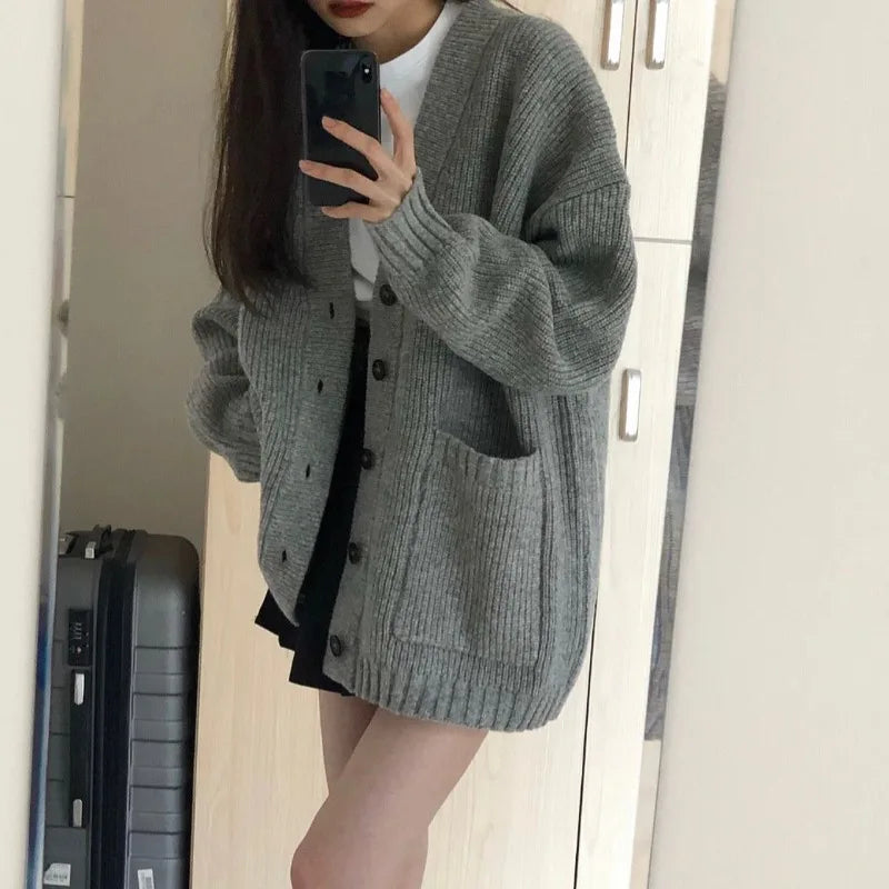 Autumn Winter Women Cardigan Sweater Coats Fashion Female Long Sleeve V-neck Loose Knitted Jackets Casual Sweater Cardigans LadyShow.Store
