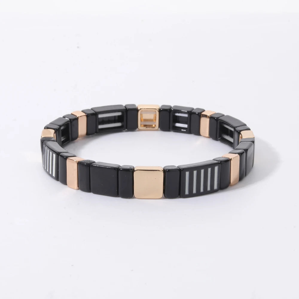2026 New Black Gold Color Beaded Bangle for Women and Men Handmade Elastic hand Wrist Bracelets Pi-Mart