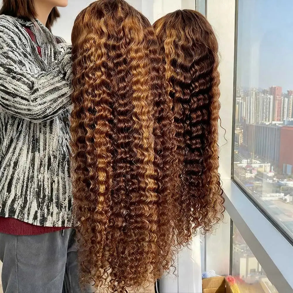 Highlight Curly Wig 13x4 Lace Front Wig Human Hair Wigs Glueless HD Deep Wave Lace Frontal Wig 4/27 Colored Wigs PrePlucked LadyShow.Store