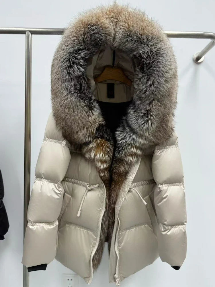Fox Fur Jacket Women Loose Hooded White Goose Down Coat Female New Autumn Winter Thick Warm Natural Real Fur Puffer Jacket Lady LadyShow.Store