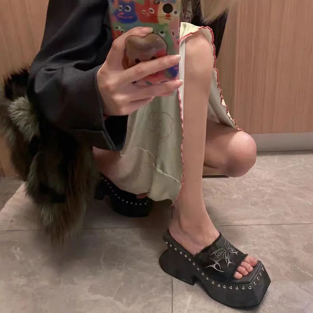Punk Chunky Heels Mule Shoes Sandals For Women Rivet Platform Slide Sandals Open Toe 2026 Summer Trendy Shoes Street Women Shoes Pi-Mart