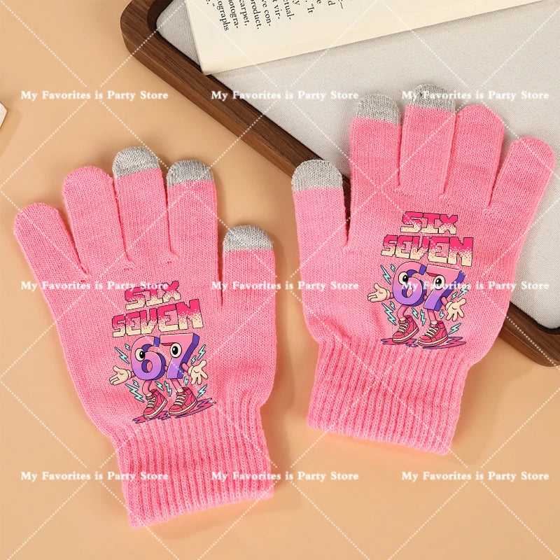 Funny 67 Six Seven Winter Gloves Touch Screen Gloves Fnafs Warm Stretch Knit Mittens Imitation Wool Full Finger Crochet Thicken Pi-Mart
