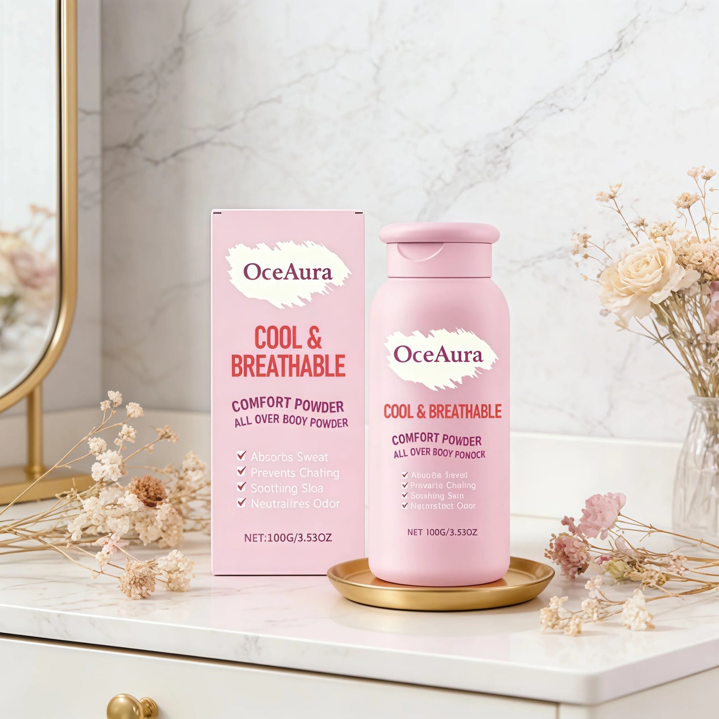 OceAura Body Powder Anti Sweat Armpit Groin Smooth Skin Soothing Comfortable Refreshing Odor Eliminator Anti Chafing Powder 100g Pi-Mart