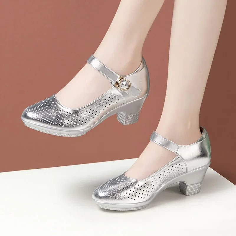 5.5cm 7.5cm Small Size 33 Breathable Cutout Block Heels Shoes Mary Janes 2026 Soft Leather Platform Pumps for Mom Dance Model Pi-Mart