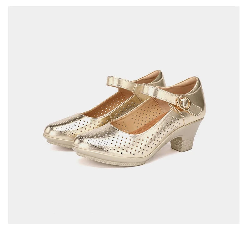 5.5cm 7.5cm Small Size 33 Breathable Cutout Block Heels Shoes Mary Janes 2026 Soft Leather Platform Pumps for Mom Dance Model Pi-Mart