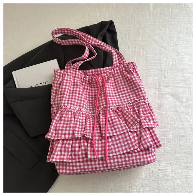 Large Capaci Cute Plaid Cotton Tote Bag  Lace Trim Women's Summer 2025 Simple Lady Handbag Soft Shoulder Bags Bolsa Feminina Pi-Mart