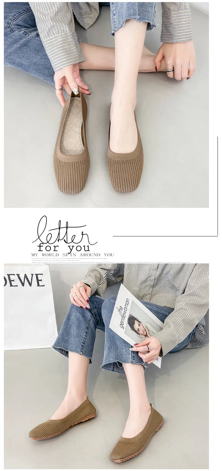 Women Leisure Flats Summer Autumn Flat Shoes Breathable Knitted Square Toe Slip-on Female Daily Walking Driving Loafers Pi-Mart