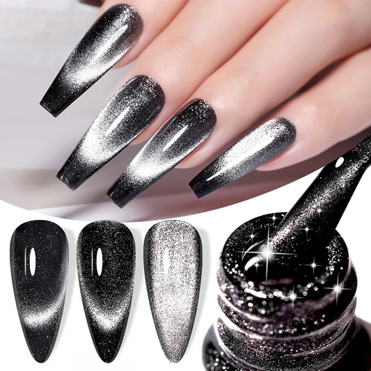 LILYCUTE 7ML Black Crystal Cat Magnetic Gel Sparkling Glitter Gel Nail Polish Semi Permanent UV Gel Nail Art No Need Base Color Tri Light Beauty
