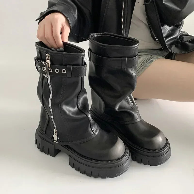 2025 Winter Women Biker Boots Fashion Belt Buckle Ladies Elegant Platform Long Pipe Booties Casual Women's Knee High Booties LadyShow.Store
