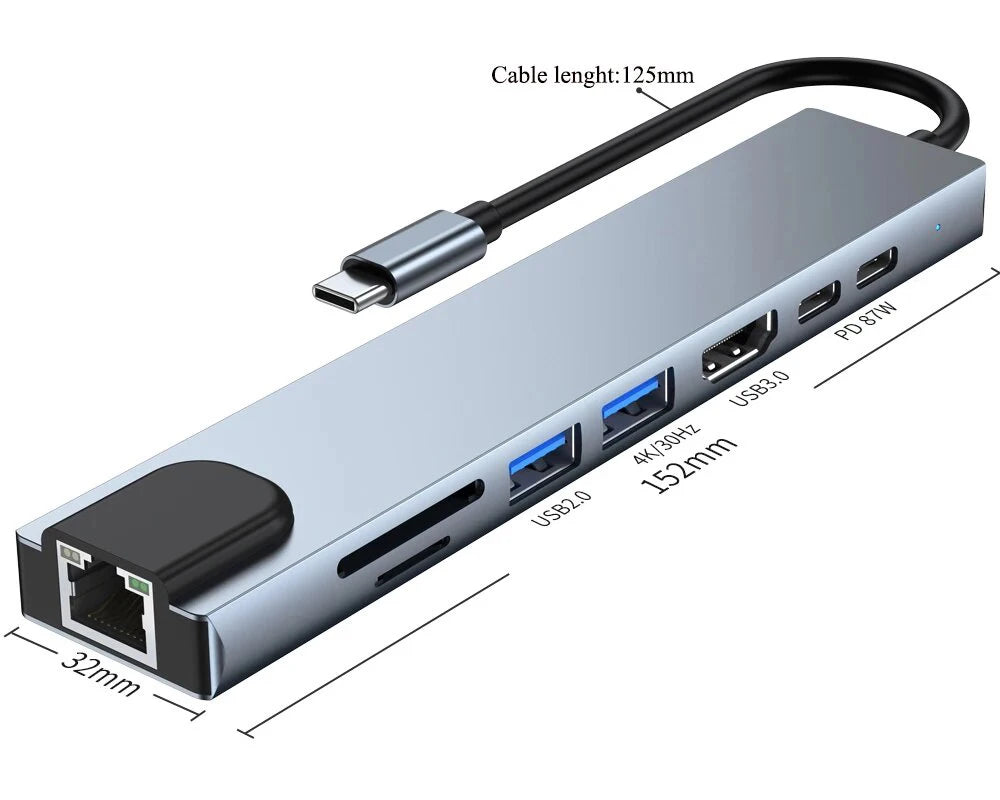 USB 3.0 Type C HUB USB C Docking Station to HDMI 4K 30HZ Type C to RJ45 100Mbps Ethernet Adapter VGA Extender Headphone PD 100W Pi-Mart