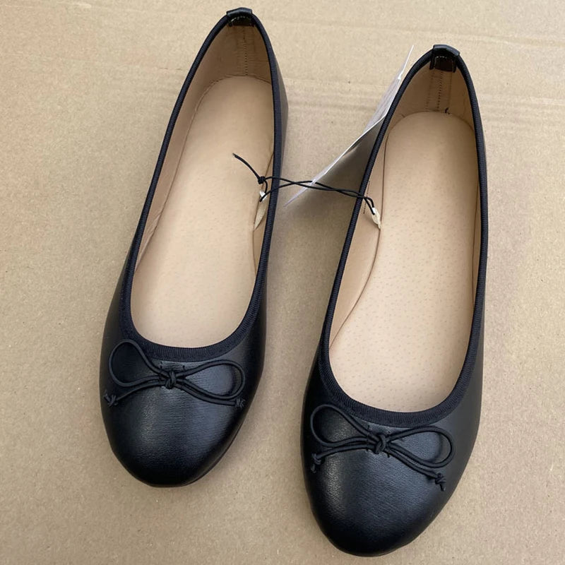 Aneikeh Spring Autumn Elegant Bowknot Ballerina Flat Women's Round Toe Comfort Slip-On Loafers Black Leather Mules Ladies Shoes Pi-Mart
