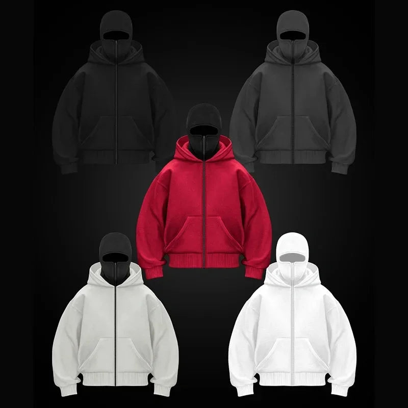 Men and Women Balaclava Y2K Gothic Harajuku Spring Autumn Winter New Item Double Hooded Sweatshirt Men Hooded Mask Zipper Jacket Pi-Mart