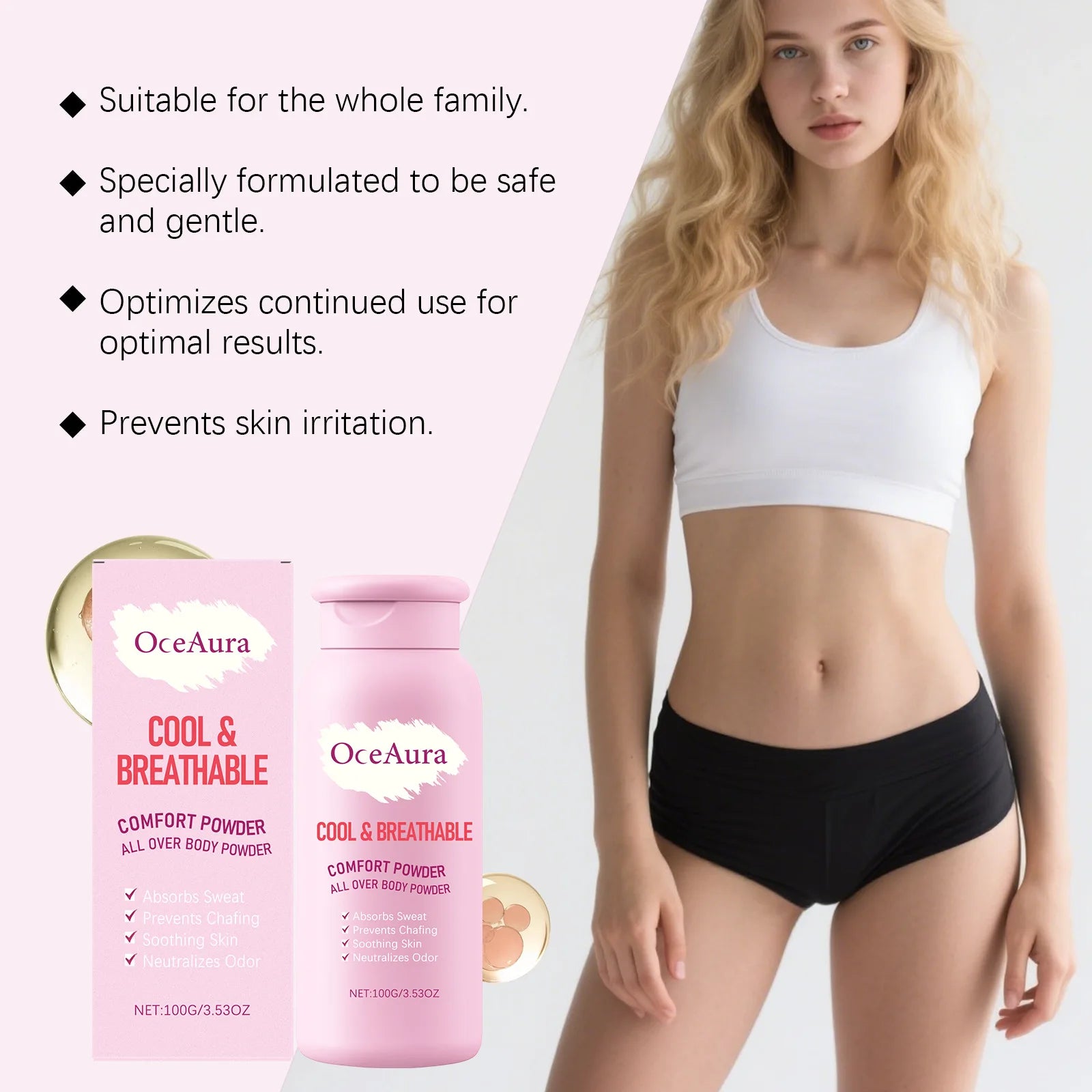 OceAura Body Powder Anti Sweat Armpit Groin Smooth Skin Soothing Comfortable Refreshing Odor Eliminator Anti Chafing Powder 100g Pi-Mart