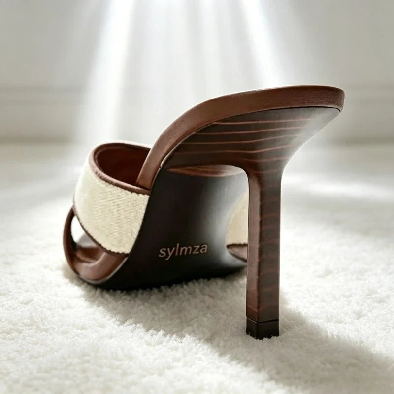 Brown Wide Cross-Tied Women Slippers Elegant Contrast Material Piping Mule Sandals for Ladies Sexy Pointed Open Toe High Heels LadyShow.Store